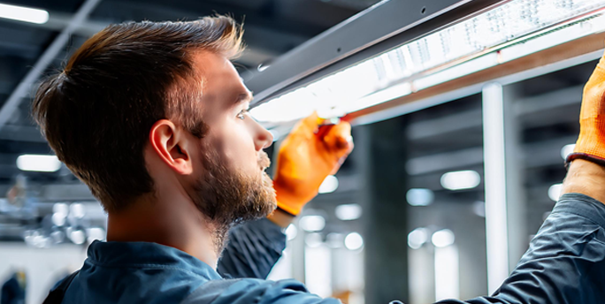 SGM-Techniker installiert moderne LED-Leuchten in einem gewerblichen Gebäude, um Energieeffizienz zu steigern.