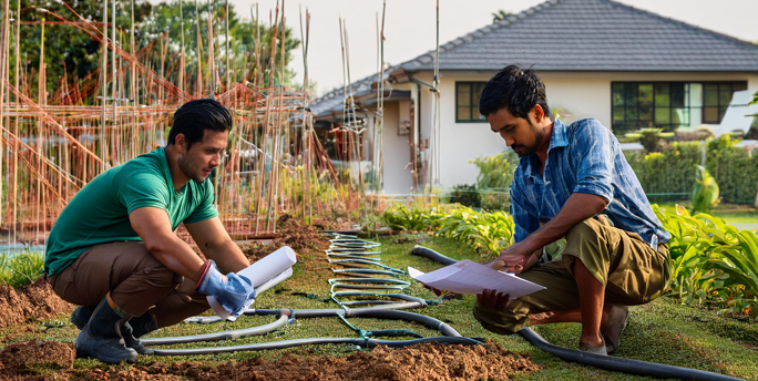 SGM-Team plant die Installation einer Bewässerungsanlage in einem Garten, um die optimale Wasserversorgung sicherzustellen.