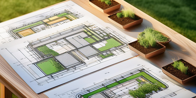 Eine schematische Darstellung technischer Lösungen für die Drainage und Bewässerung bei Dachbegrünung.