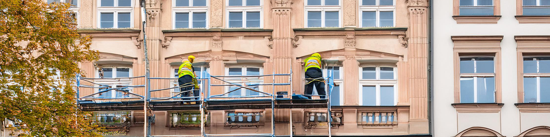 SGM-Fachkräfte arbeiten an der Sanierung eines denkmalgeschützten Gebäudes, um seine historischen Merkmale zu erhalten.