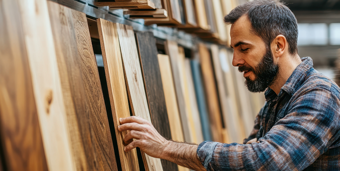 Eine Auswahl an hochwertigen Holzmaterialien, die für die Herstellung von Schreinerprodukten bei SGM verwendet werden.