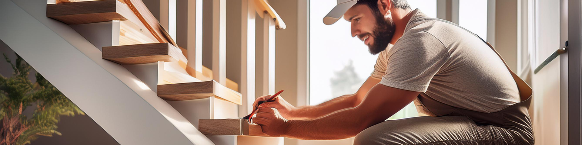 Ein SGM-Handwerker montiert eine elegante Holztreppe, die Stil und Funktionalität in einem Raum vereint.